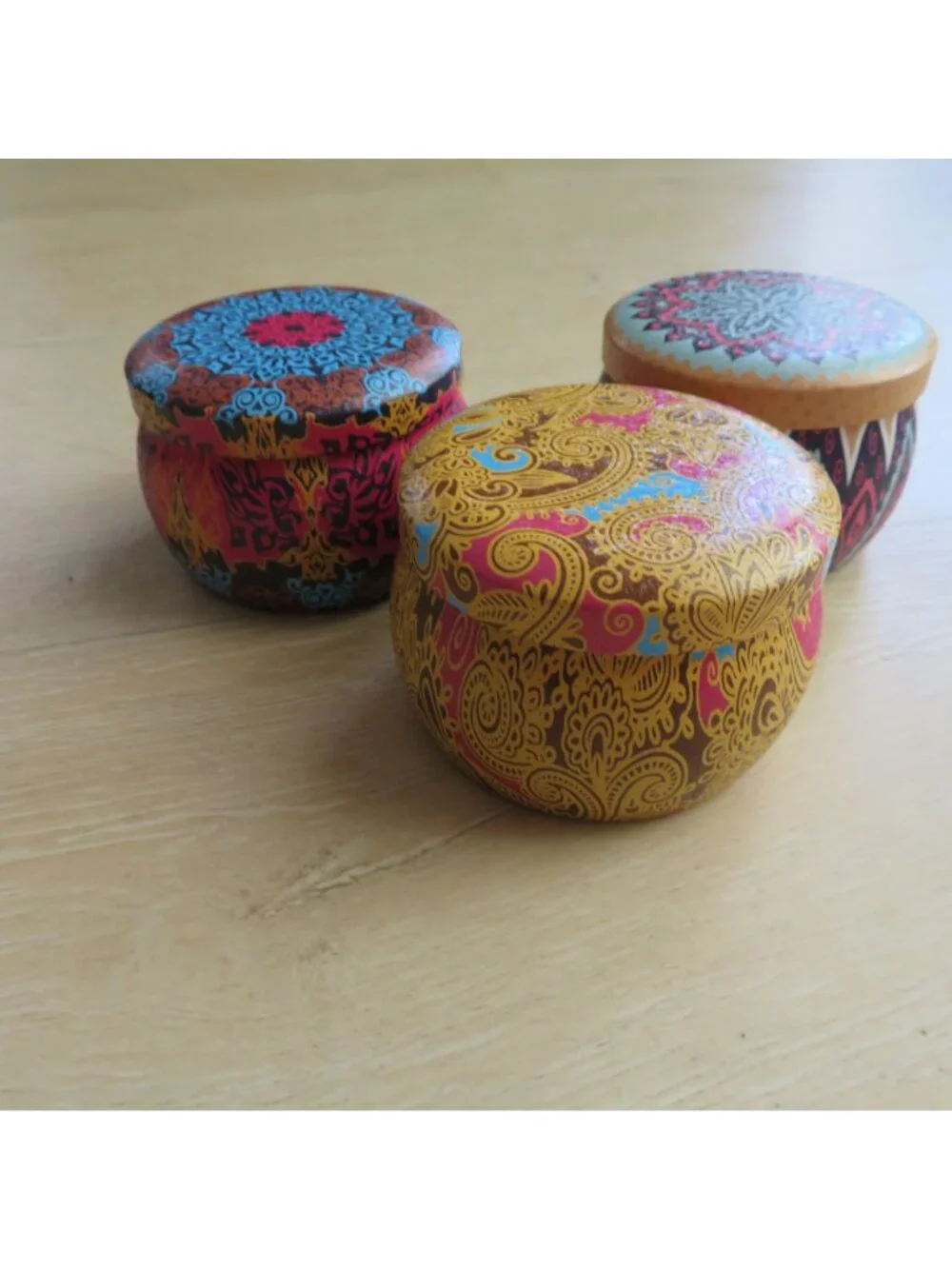 Set of 3 Small Mandala Patterned EMPTY Metal Storage Tins with Lids - 2
